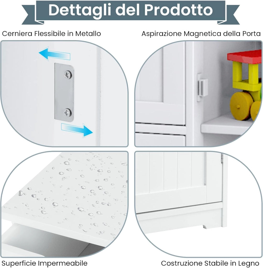 Mobile Bagno 56 x 30,5 x 81 cm, Mobiletto Bagno Salvaspazio con 4 Cassetti e Mensola Regolabile, Armadietto Multiuso per Ingresso, Salone, Camera da Letto e Cucina (Bianco)