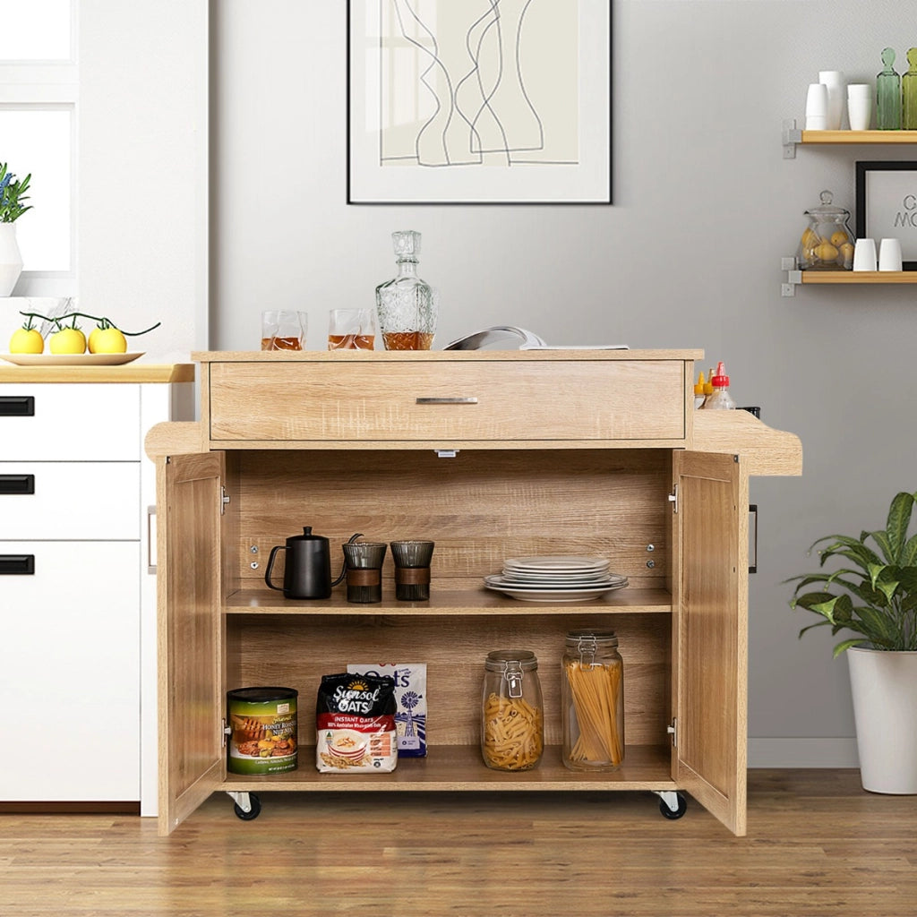 Carrello da cucina rotante con rotelle in gomma bloccabili ampio armadio cassetto, Carrello portaoggetti Naturale-Carrelli