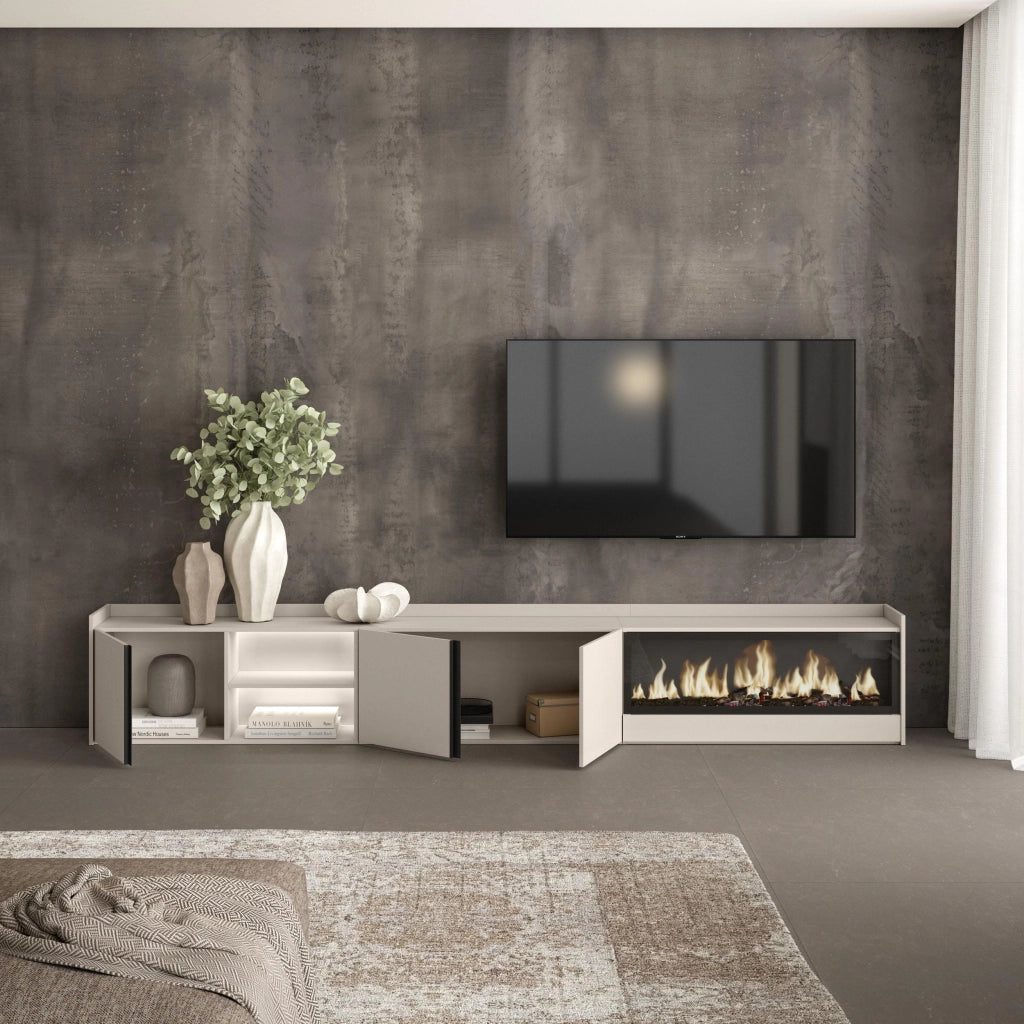 Mobile TV Soggiorno, 315x50x35 cm, Per TV fino a 80", Camino elettrico XXL, LED, Beige