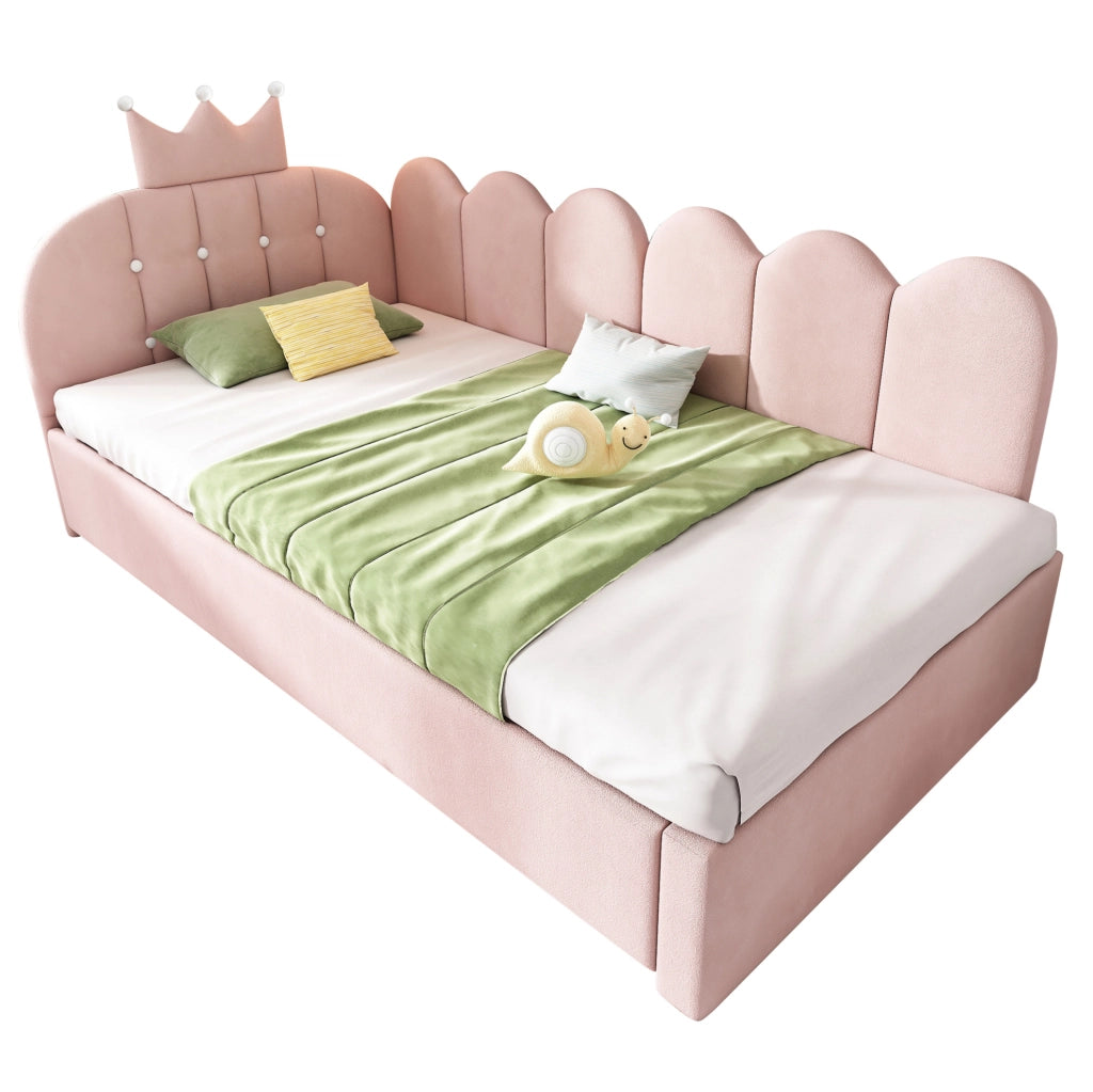 Letto daybed a L con letto estraibile 90x200 cm in velluto rosa; design corona e griglia