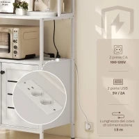 Mobile Dispensa con Ripiani, Armadietti e 2 Prese di Ricarica, in Legno e Acciaio, 80x42x171 cm, Bianco