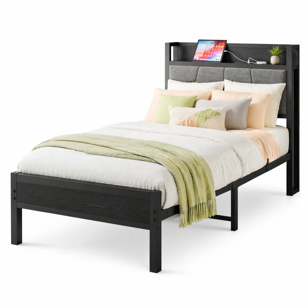 Letto singolo in metallo e MDF 90x200 cm con spazio contenitore sottoletto; nero