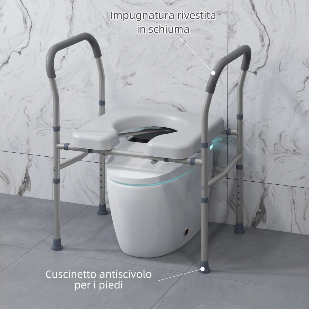 Sedia WC per Anziani e Disabili 4 in 1 Regolabile in Altezza 64x53x70-82 cm con Braccioli Imbottiti Grigio