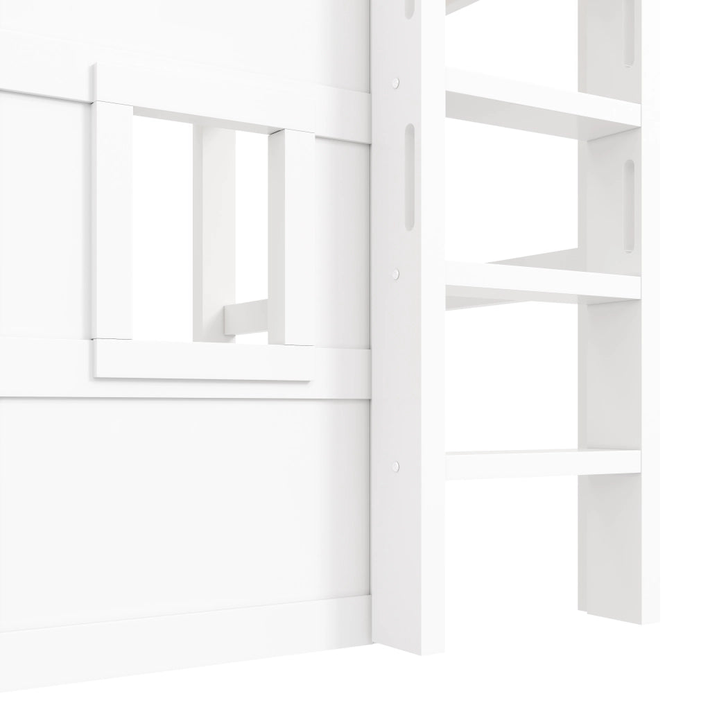 Letto a soppalco in legno con armadio integrato - Zephmum- 140x200 cm- Bianco- 2 finestre, illuminazione LED