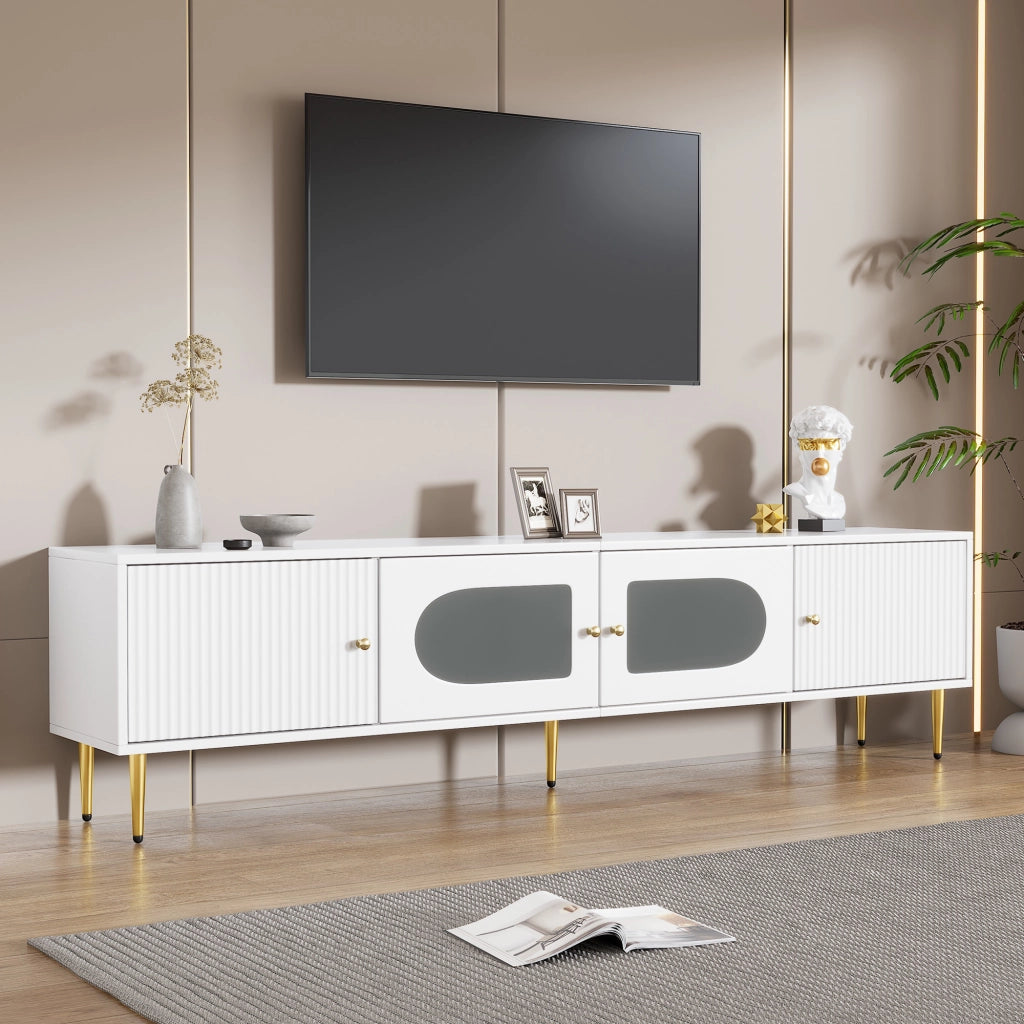 Mobile TV ¨C MINIMAL ¨C Bianco con Gambe Dorate, 2 Ante con Vetro ad Arco, 170x35x50 cm