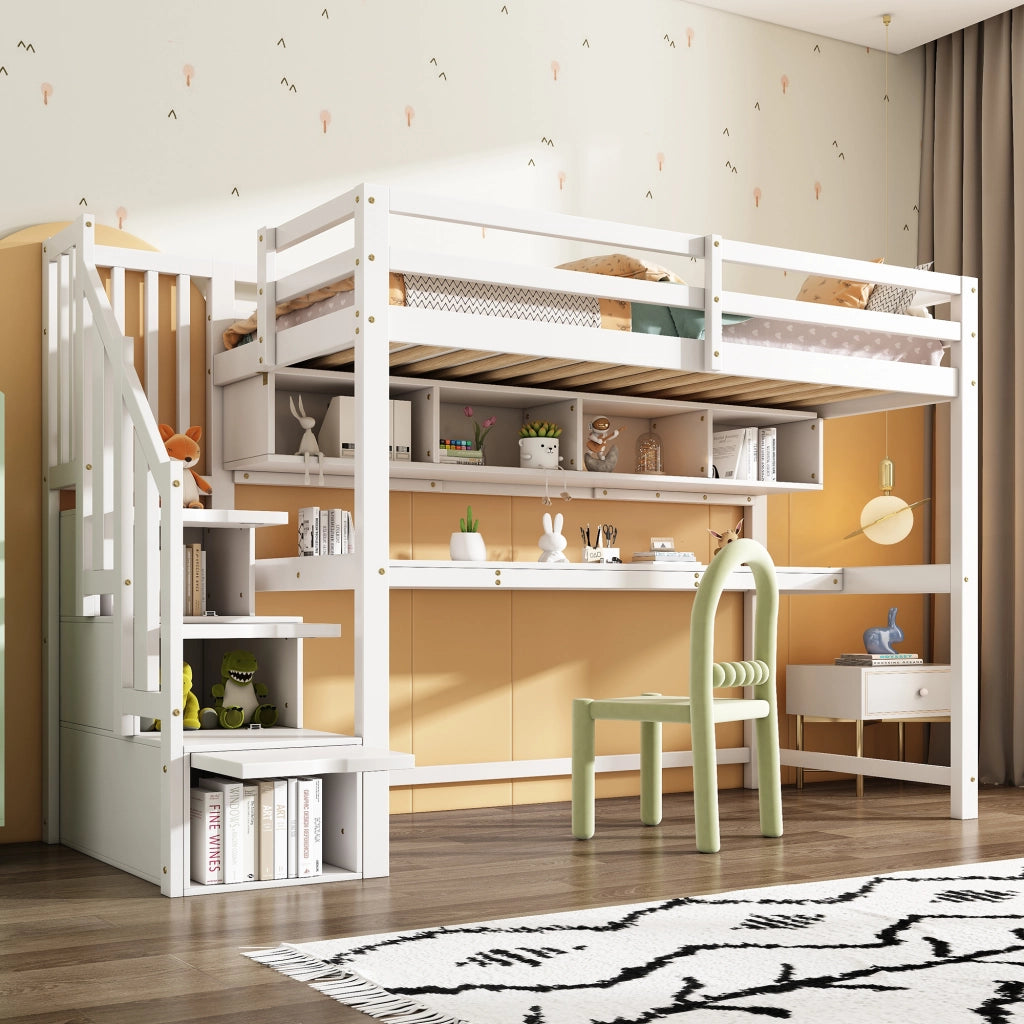 Letto a soppalco per bambini 90x200 cm con scrivania; scala contenitore e ripiani bianco