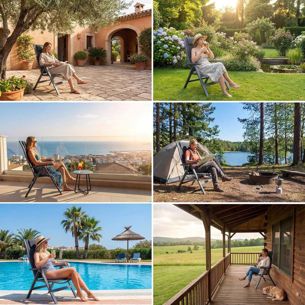 Set 2 Sedie da Giardino Pieghevoli in Alluminio - Poltrona da Giardino Esterna Regolabile in 7 Posizioni, Sedia Portatile a Schienale Alto Adatta a Tutte Tavole per Giardino, Terrazza, Piscina