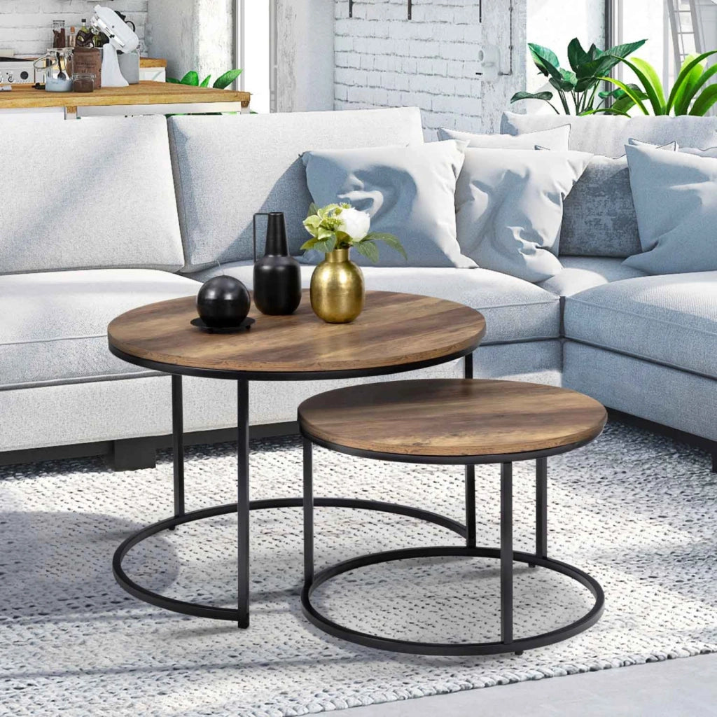 IDMarket - Set di 2 tavolini rotondi DAYTON 54/70 effetto invecchiato design industriale