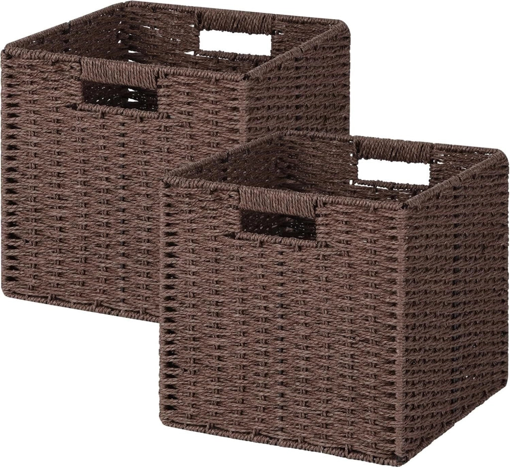 Cestini Portaoggetti 2 pz in vimini intrecciato con maniglie 28×28 cm perfetti per il riordino Marrone