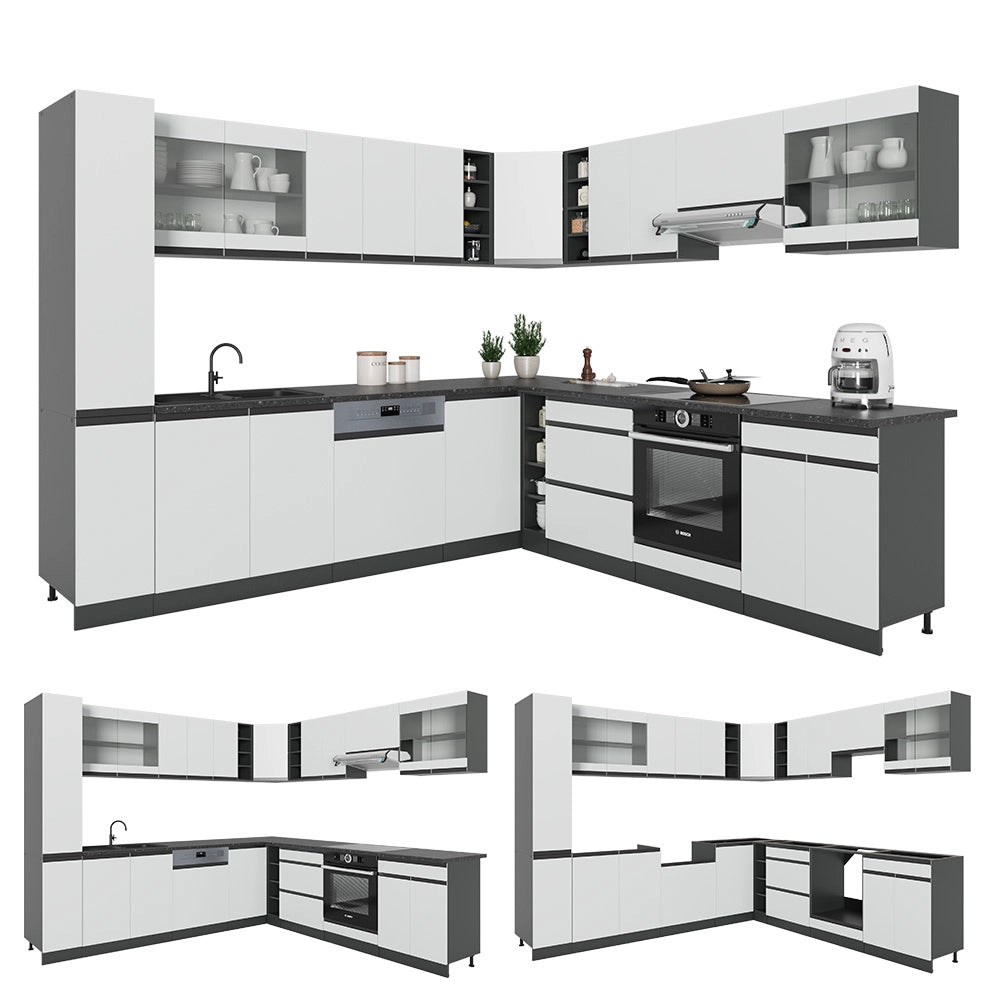 Vicco Cucina angolare completa Bianco 257 x 60 cm Forma a J, senza piano di lavoro