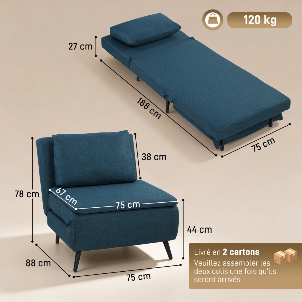 Poltrona letto clic-clac 1 posto ¨C Xylo ¨C Blu con schienale regolabile e cuscino