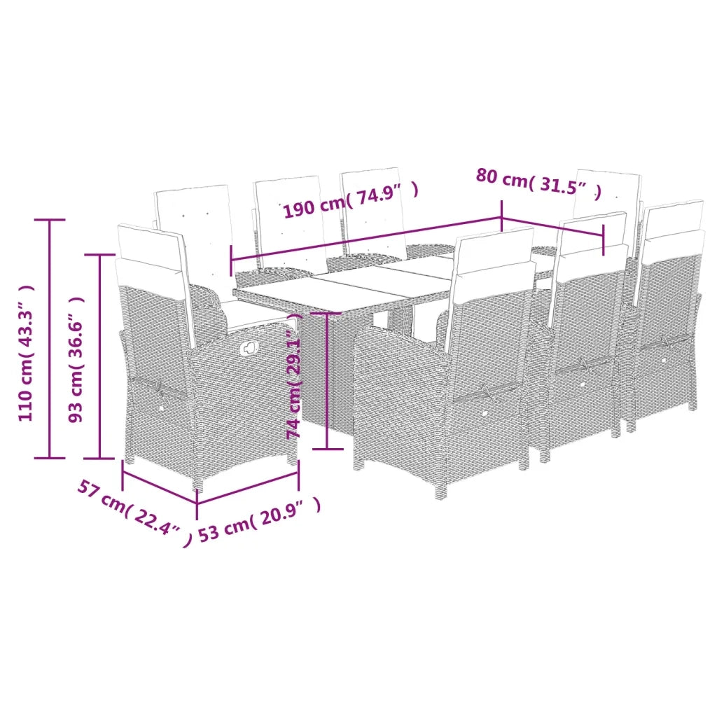 Set da Pranzo da Giardino 9 pz con Cuscini in Polyrattan Grigio