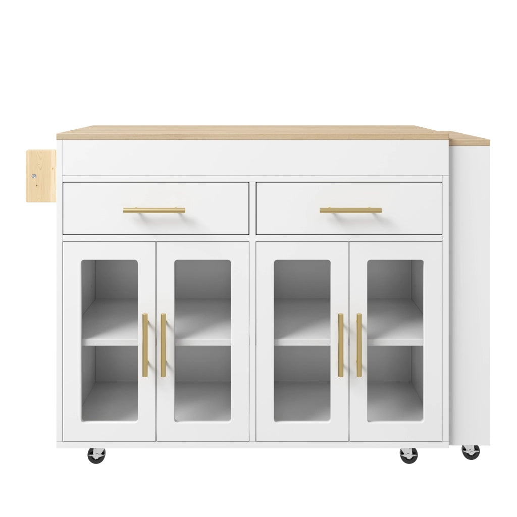 Isola da cucina mobile con piano estraibile, spazio contenitivo, ante in vetro e ruote, bianco, 132,5-217 x 50 x 93 cm