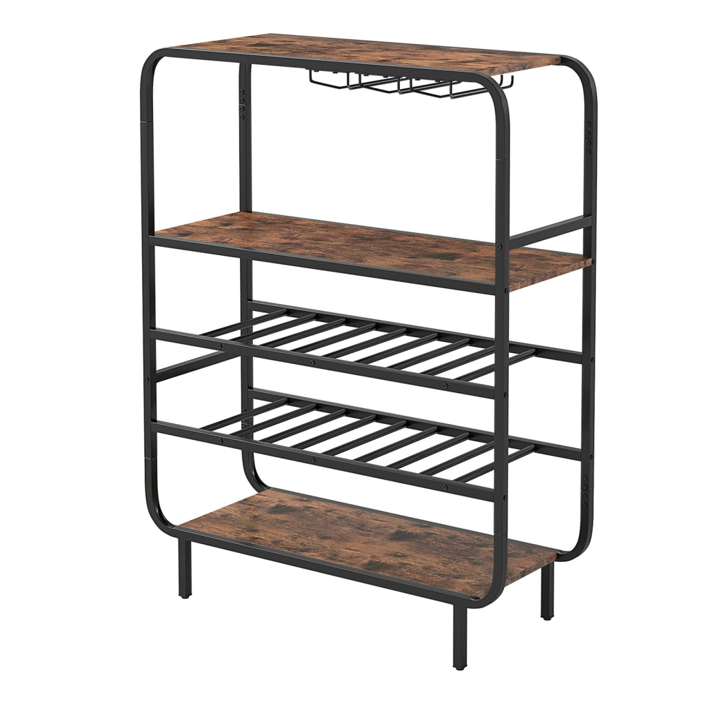 Portabottiglie per vino da 16 bottiglie con portacalici, Scaffale da pavimento a 5 ripiani stile industriale metallo per cucina home bar