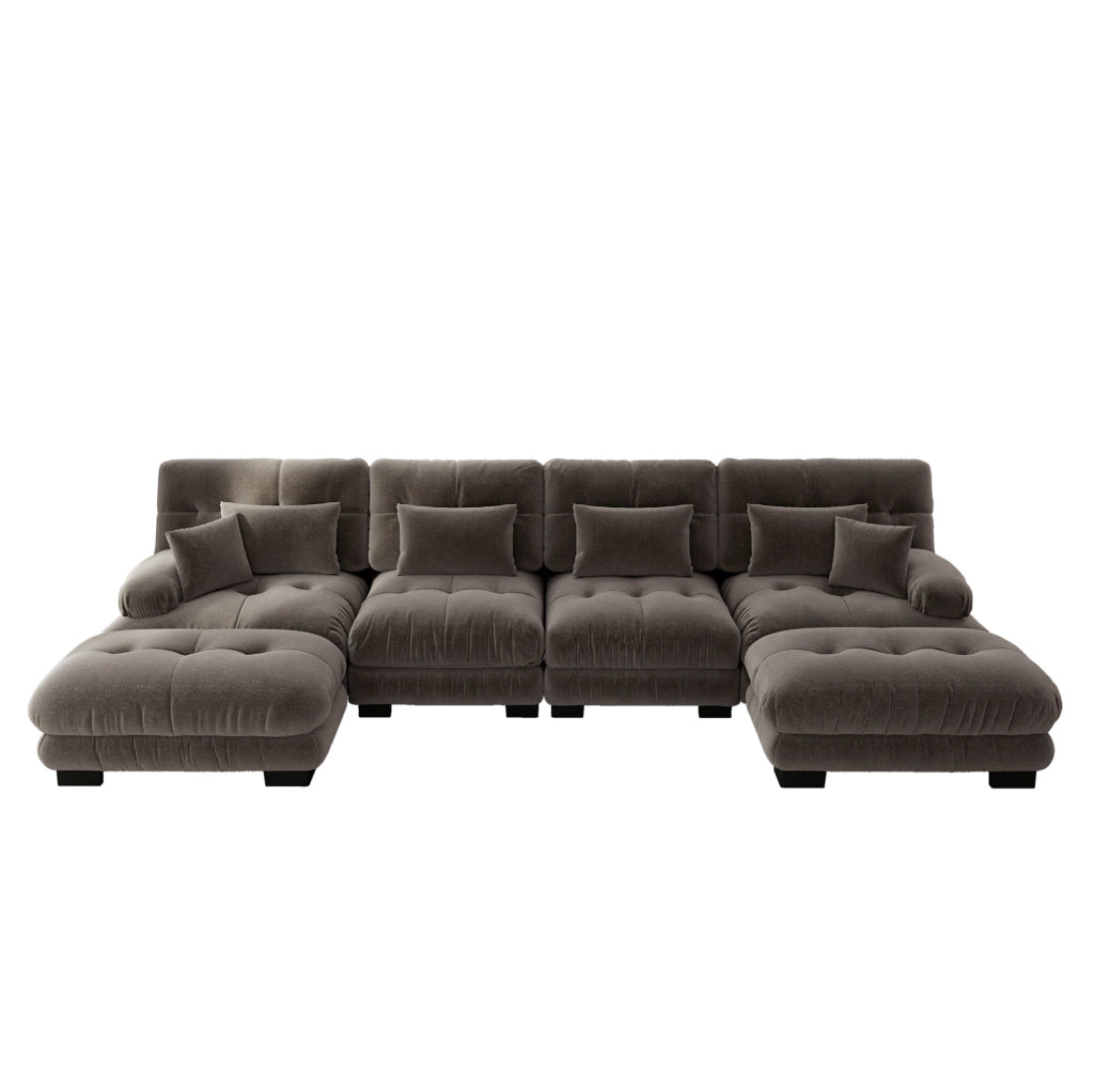 Divano modulare a U 406x145x81 cm in chenille marrone con ottomane mobili