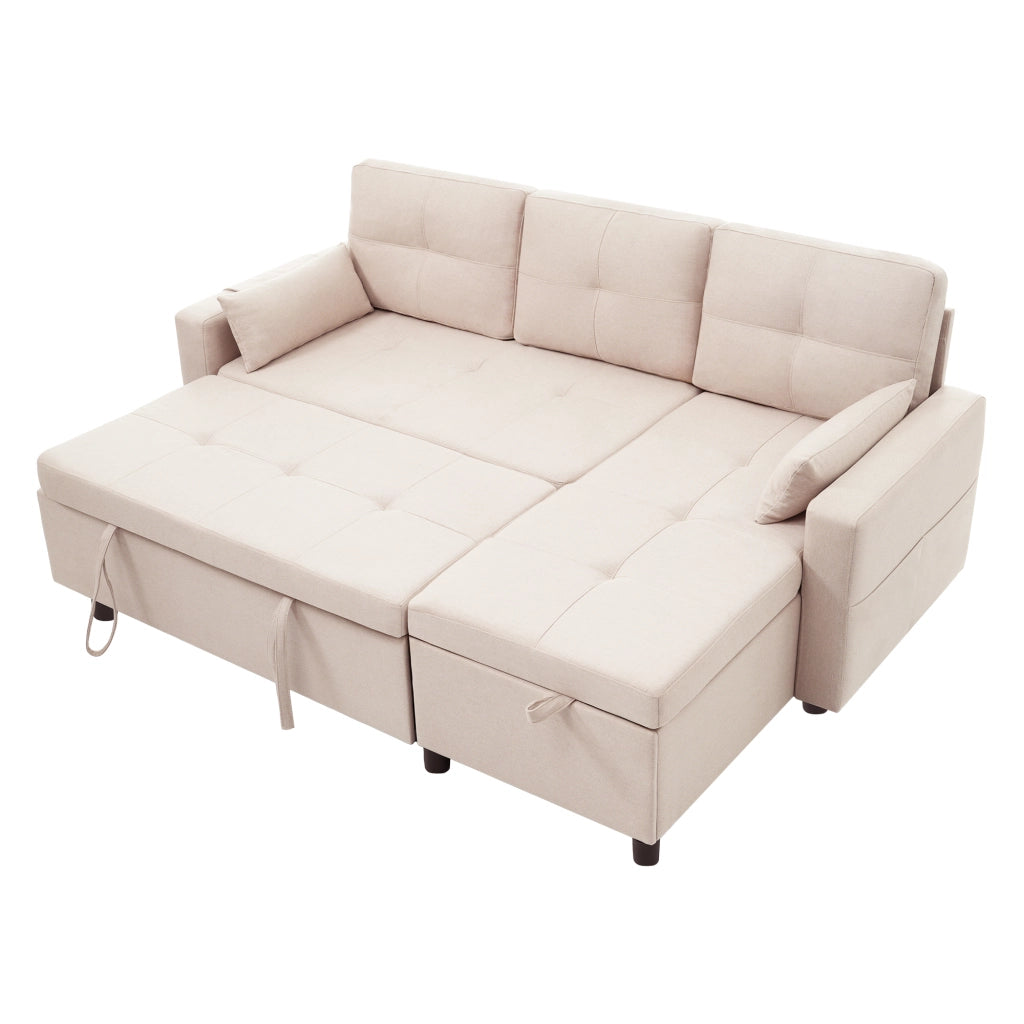 Divano letto angolare modulare 3-4 posti con vano contenitore; tasca e portabicchieri in lino beige 211 Ã— 136 Ã— 87 cm