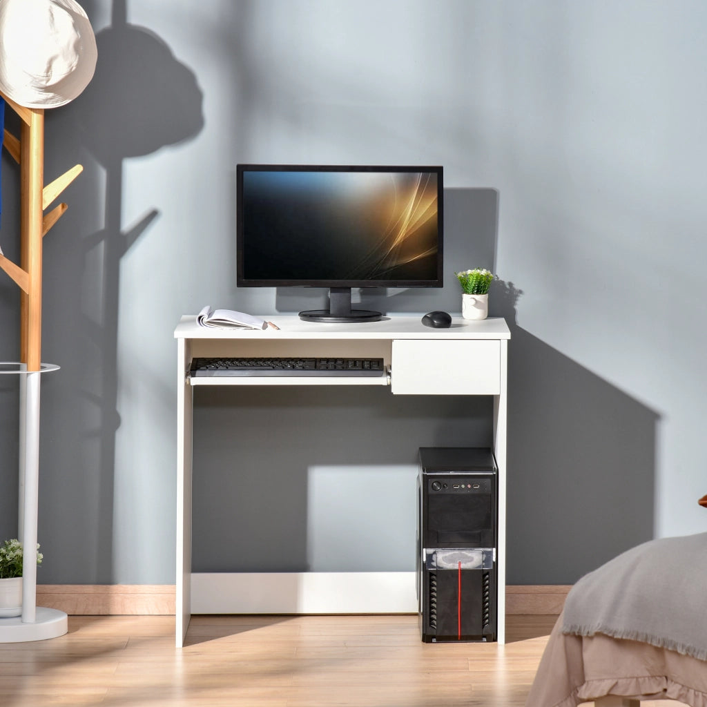 Scrivania per Computer e Ufficio Salvaspazio 80x45x75 cm con Ripiano Tastiera e Cassetto Bianco Moderno per Studio e Casa
