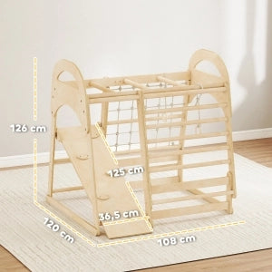 Giochi da arrampicata indoor 6 in 1 in legno naturale con scivolo, rete e barre, 3-6 anni