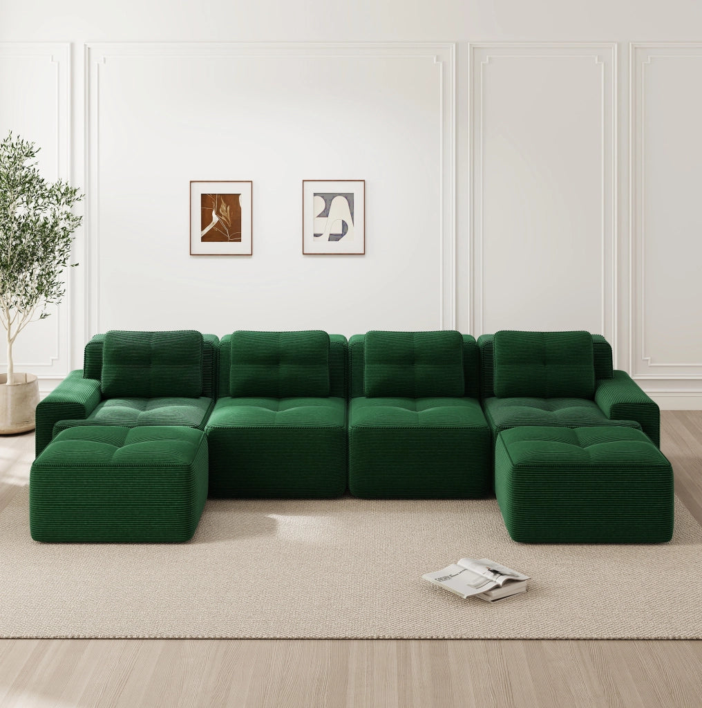 Divano modulare 4 posti con chaise longue a U 382x177x69 cm in velluto a coste verde