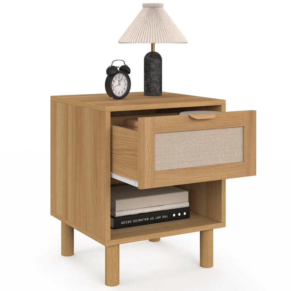 IDMarket - Set di 2 comodini a 1 cassetto ROBIN con nicchia in legno e tessuto effetto lino