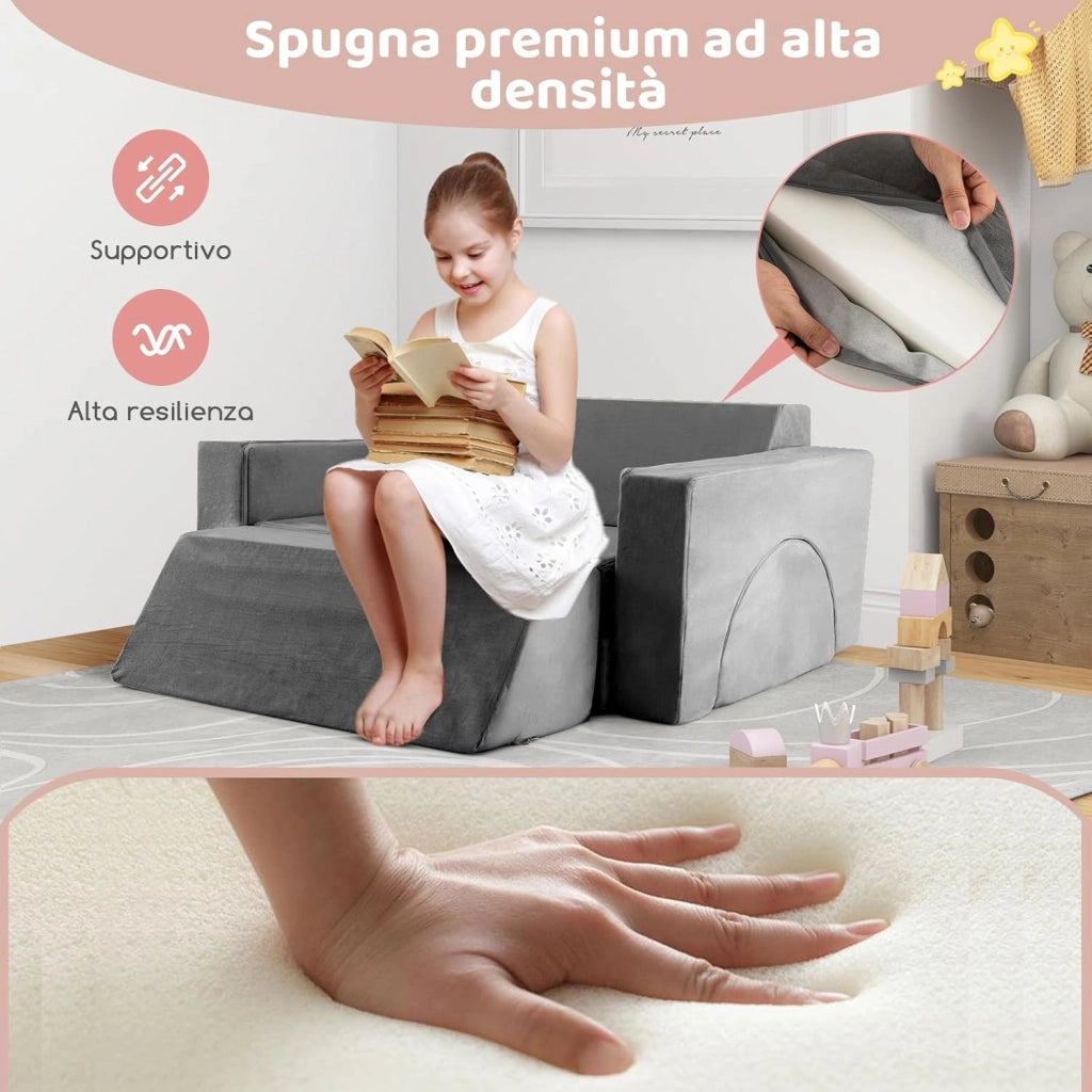 Divano Modulare per Bambini 8 Pezzi, Divanetto per Bambini con Copertura Staccabile per Sala Giochi e Camera da Letto, Divano Creativo per Bambini per Giocare, Creare e Dormire (Grigio)
