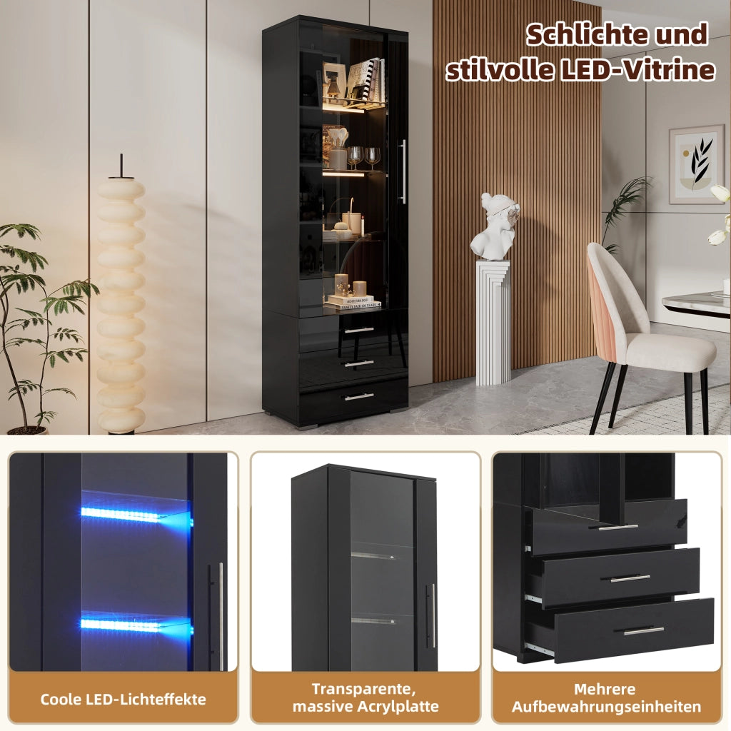 Vetrina con LED, 1 anta e 3 cassetti, frontale lucido, per soggiorno e studio, in MDF, nero, 60 × 35 × 180 cm