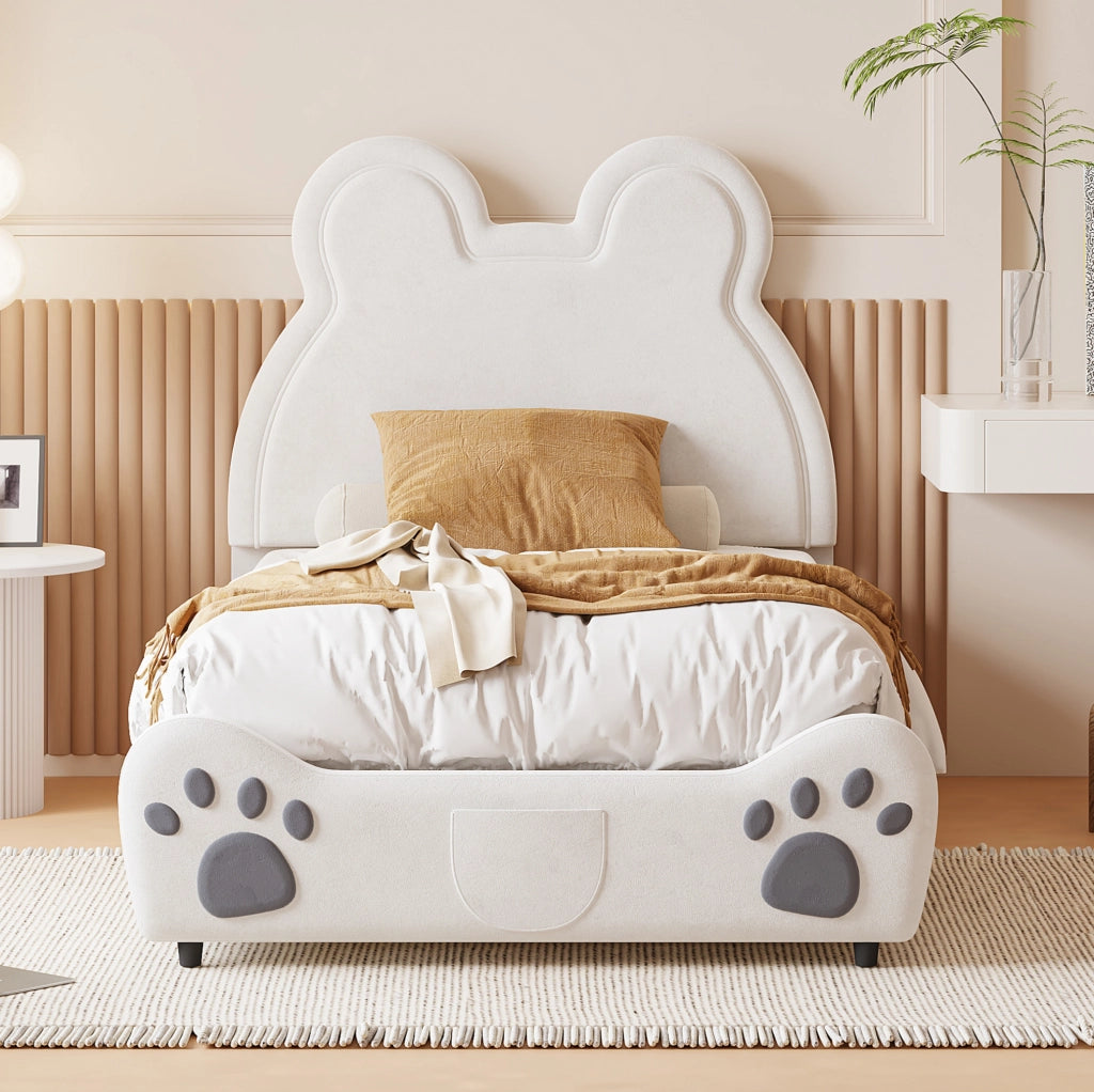 Letto imbottito per bambini 90x200 cm a forma di orso; velluto; bianco