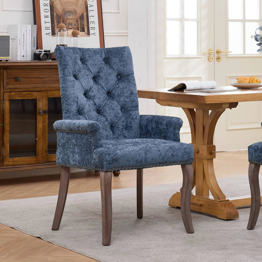 Sedia da pranzo, venduta singolarmente, tessuto chenille, gambe in legno massello, con braccioli, blu
