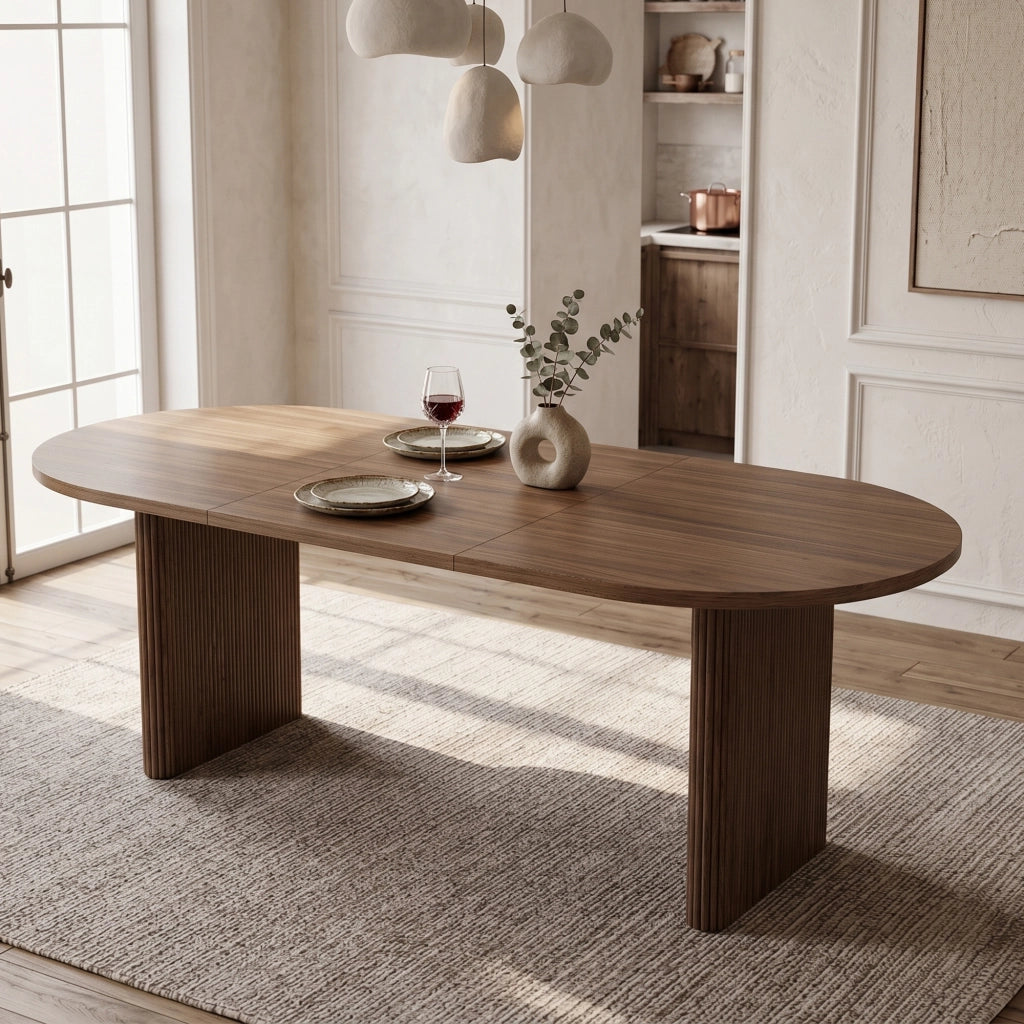 Tavolo da pranzo 6-8 posti con piano allungabile e angoli arrotondati - in MDF - noce