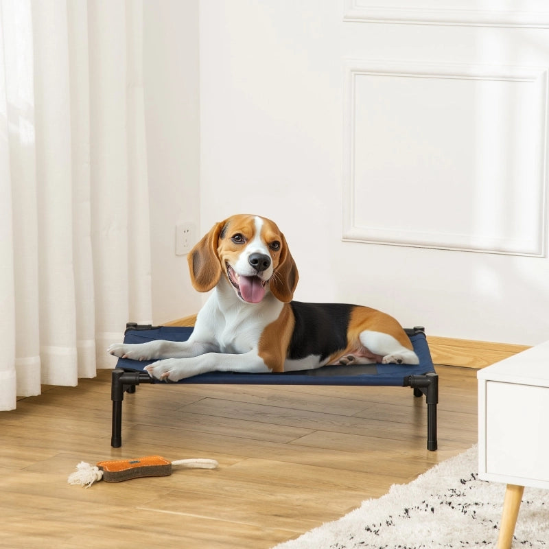 Cuccia rialzata per cani con telaio in acciaio, tessuto oxford blu, per interni ed esterni 76 × 61 × 18 cm