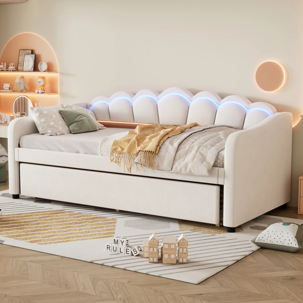 Divano letto 90x200 cm con letto estraibile e luci LED; velluto; beige (Senza materasso)