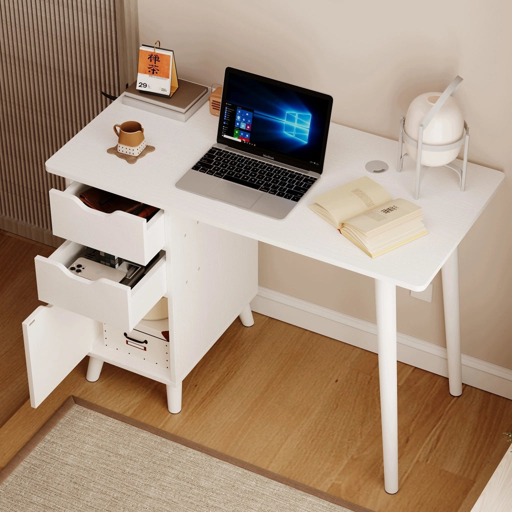 Scrivania bianca da scuola con cassetti, tavolino in stile loft scandinavo