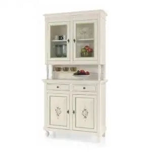 Credenza cristalliera in legno 2 ante bianco anticato decoro a mano filo azzurro
