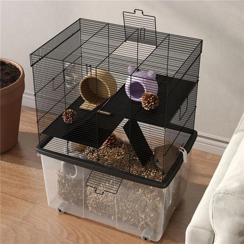 GABBIA PER CRICETI 3 PIANI CON RUOTE 2 PIATTAFORME RAMPE CIOTOLA E BOTTIGLIA 58X43X74 CM NERO
