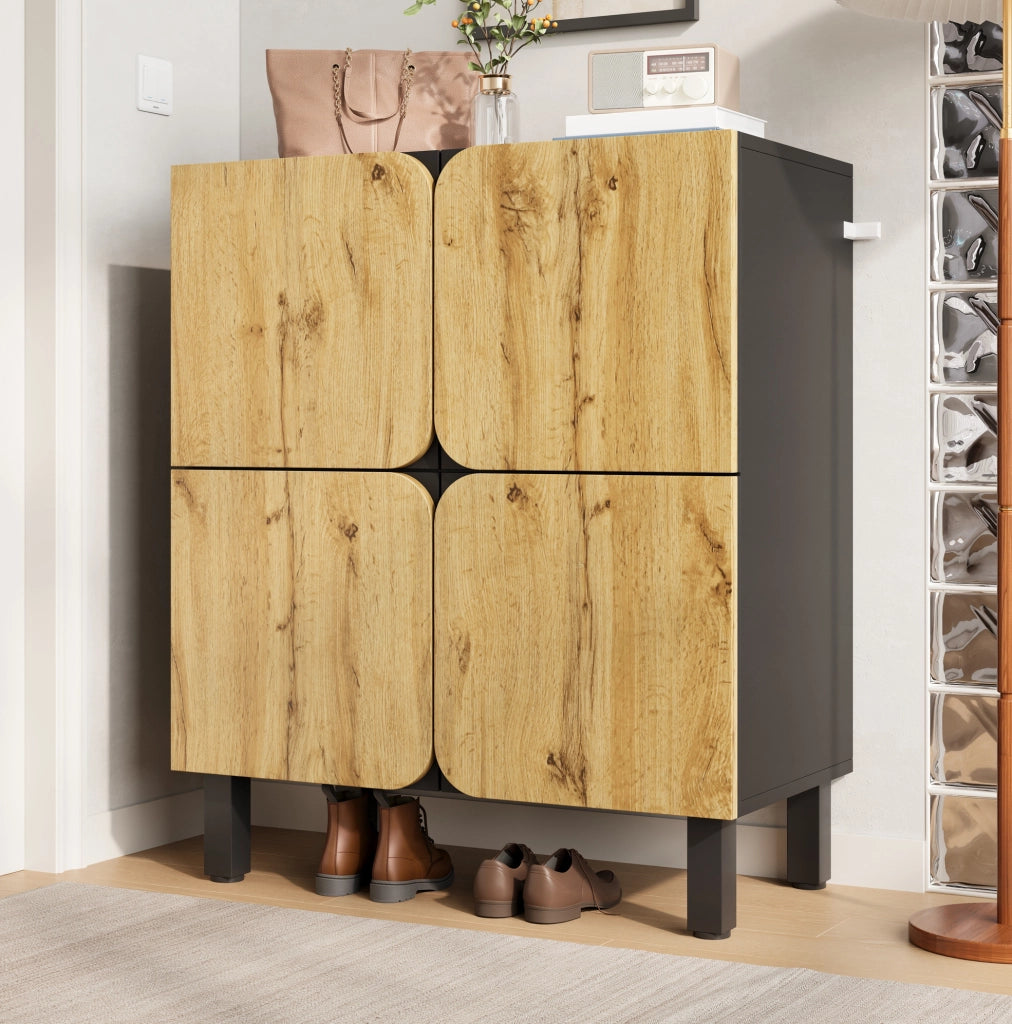 Scarpiera a 4 ante con ripiani regolabili; cerniere soft-close; MDF; nero e naturale