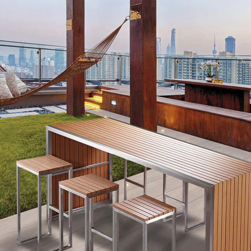 Set Bar Tavolo e 6 Sgabelli da Giardino in Acciaio e Sumpar Wood Kraus Donatello