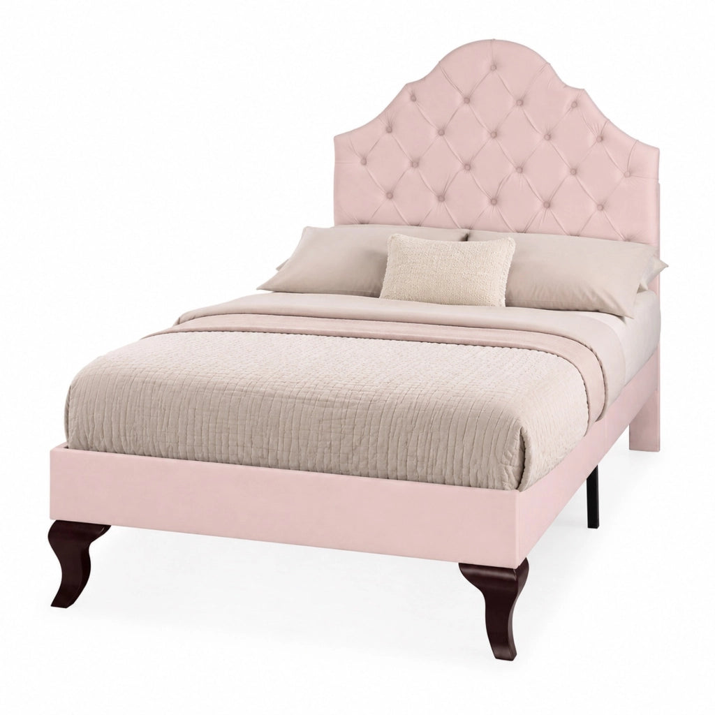 Letto imbottito 90x200 cm in velluto rosa con rete a doghe e testiera regolabile