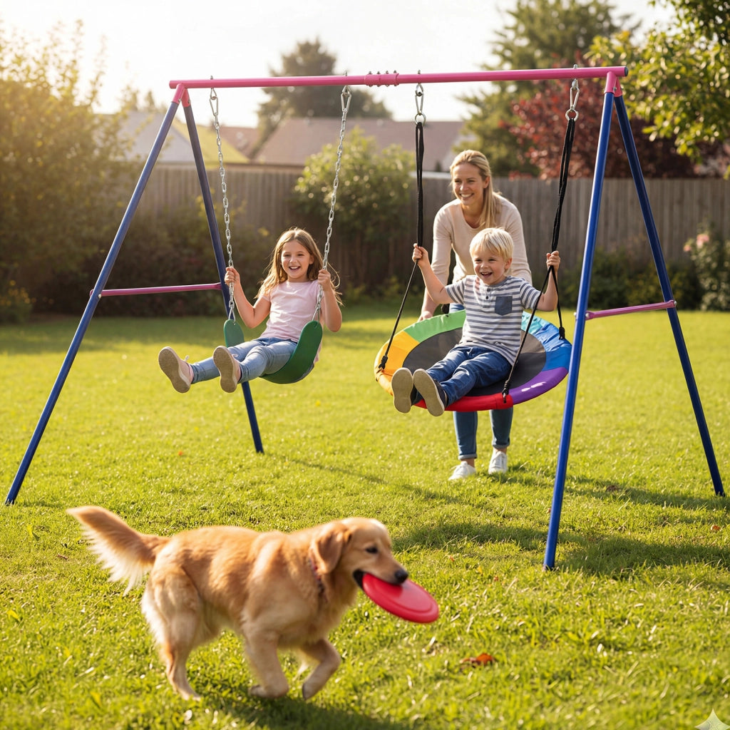 Set altalene per bambini con supporto a telaio, Altalena elastica e a disco volante con corde regolabili per cortile giardino parco