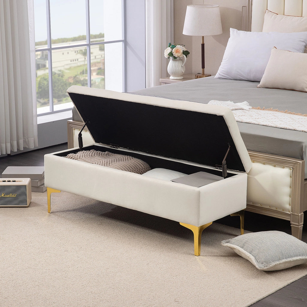 Panca Contenitore Imbottita in Tessuto Effetto Velluto Beige, 120x44x44,5 cm, con Gambe in Metallo