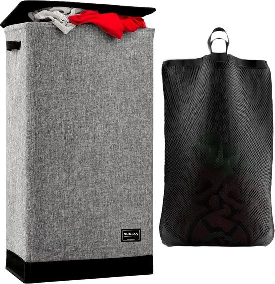 Wasmachine grande pieghevole con coperchio e sacco per bucato - 100 l secchio di lino per camere da letto lavatrice per abiti sporchi grigio