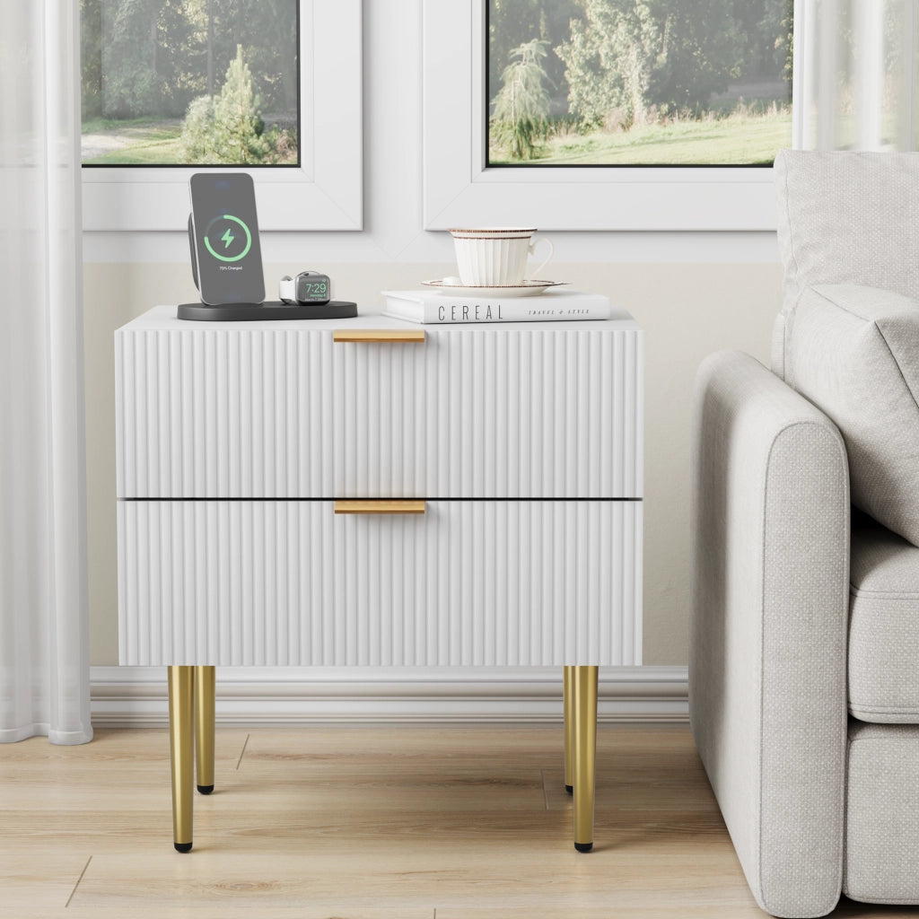 Comodino bianco moderno con 2 cassetti e dettagli in metallo, design a scanalature verticali, 1 pezzo