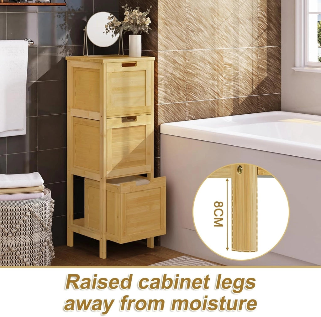 Mobile da Bagno Autoportante, Mobiletto con 3 Cassetti Estraibili, in Bamb, 30x30x90cm, Colore Naturale per Salotto, Camera da Letto, Cucina