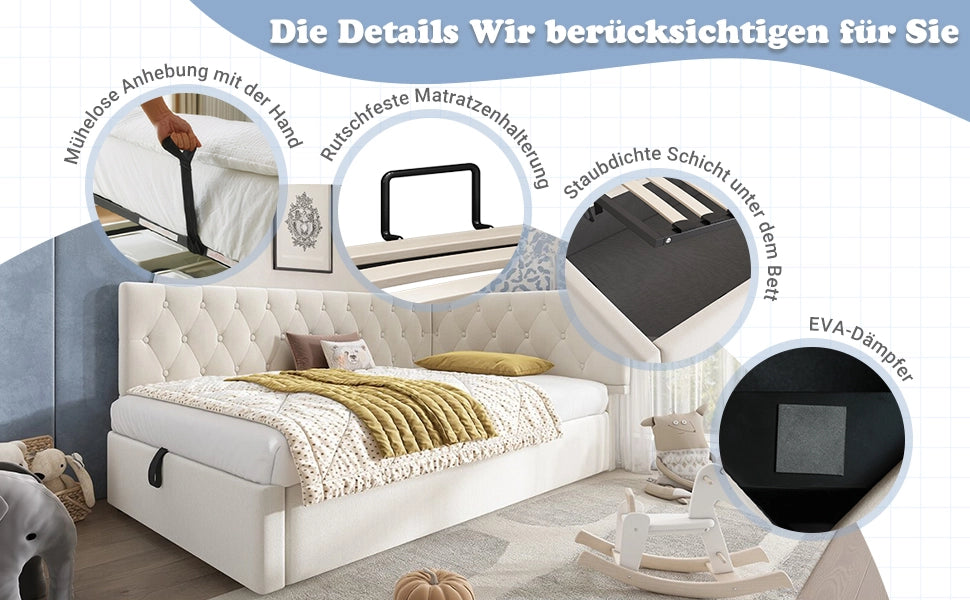 DESMIU Letto Divano 90 × 190 cm 1 posto con contenitore idraulico, senza materasso, in velluto, beige