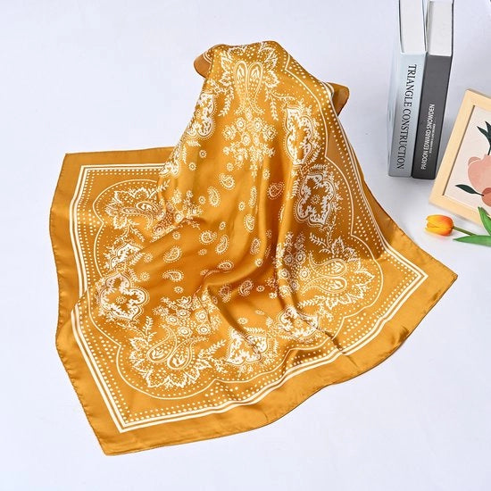 Sciarpa per donna - Sciarpa moda in rayon - Foulard quadrato - Sciarpa seta vintage per capelli - Cintura - Sciarpa morbida - Sciarpa moda con fiori cashew - Unisex - 70x70cm - giallo