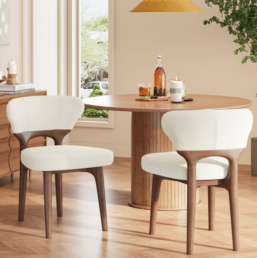 Set di 2 sedie da pranzo in chenille beige chiaro con struttura in legno massello