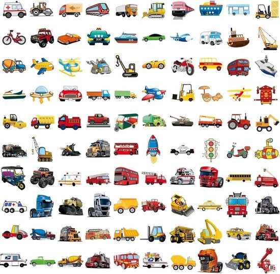 100 Sticker per Auto per Bambini - Decorazione DIY per Ragazzi e Ragazze - Treno, Aereo, Elicottero, Ambulanza e Altro - Tema Trasporto - Bambini - Sticker per Cassetta Porta Bagagli