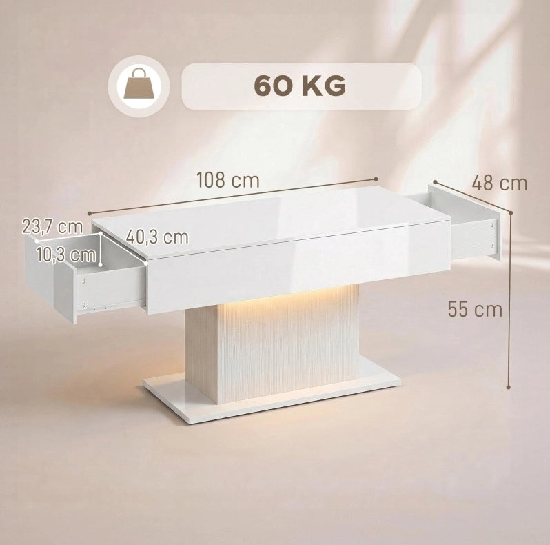 Tavolino da caffè con luci LED RGB; 2 cassetti; finitura lucida; legno ingegnerizzato; bianco