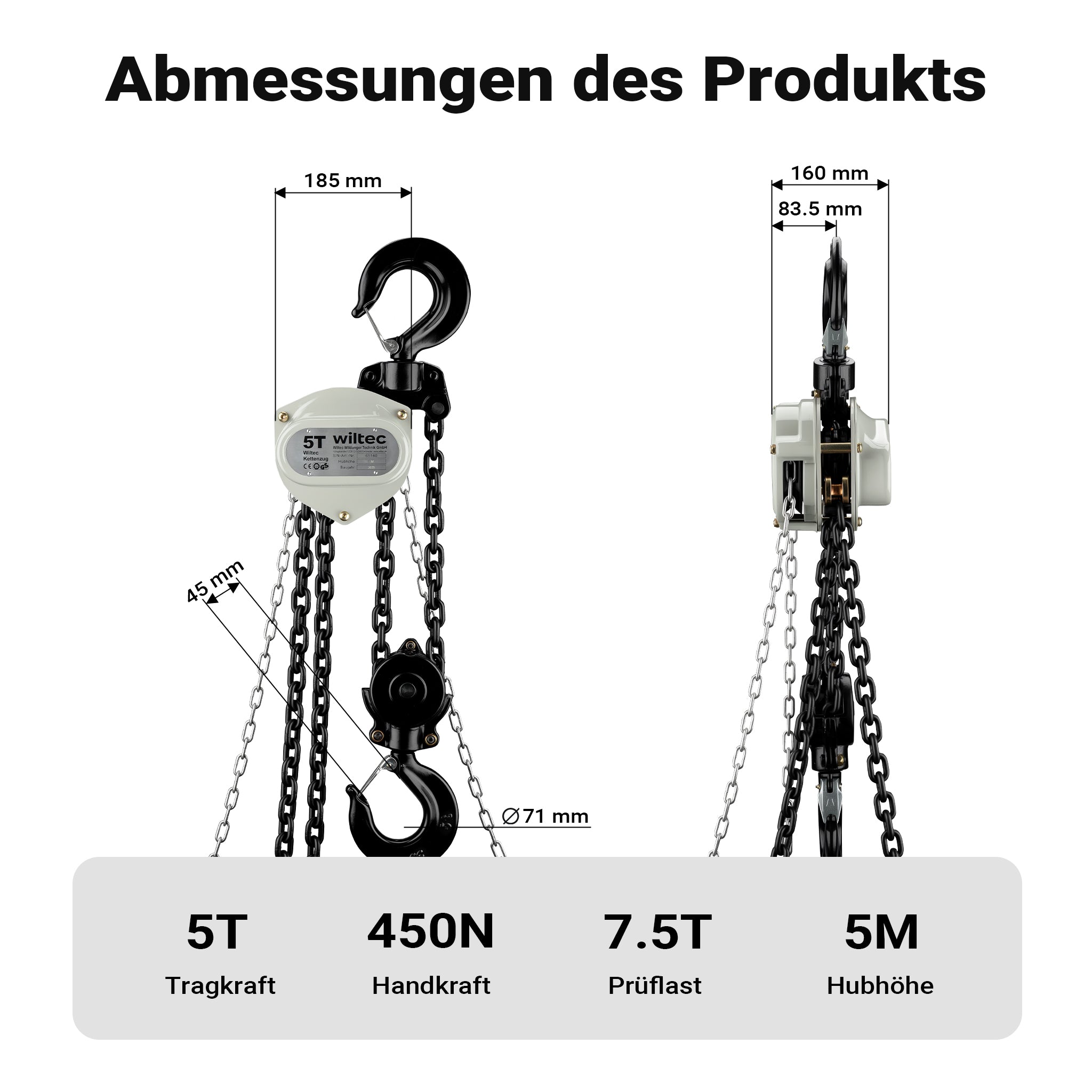 Paranco a catena manuale V21-5, capacità di carico 5 t, altezza di sollevamento 5 m, leggero e compatto, per impieghi gravosi