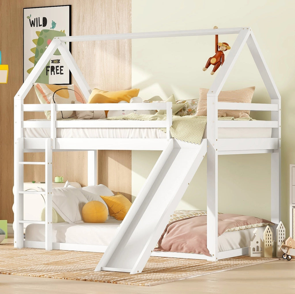 Letto a castello a casetta 90x200 cm con scivolo e scala, bianco