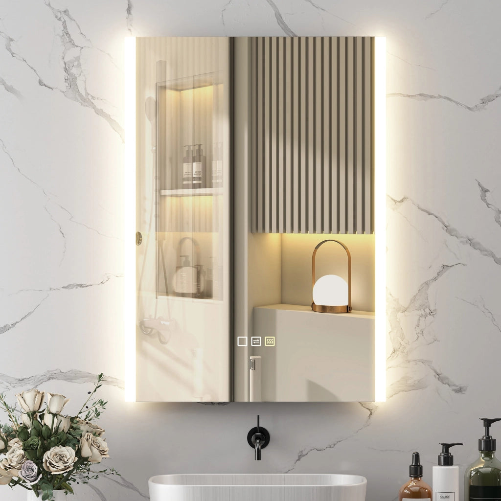 Specchio da Bagno con Luce LED a 3 Colori e Funzione Memory, in Vetro Temperato, 70x50x3 cm, Argento